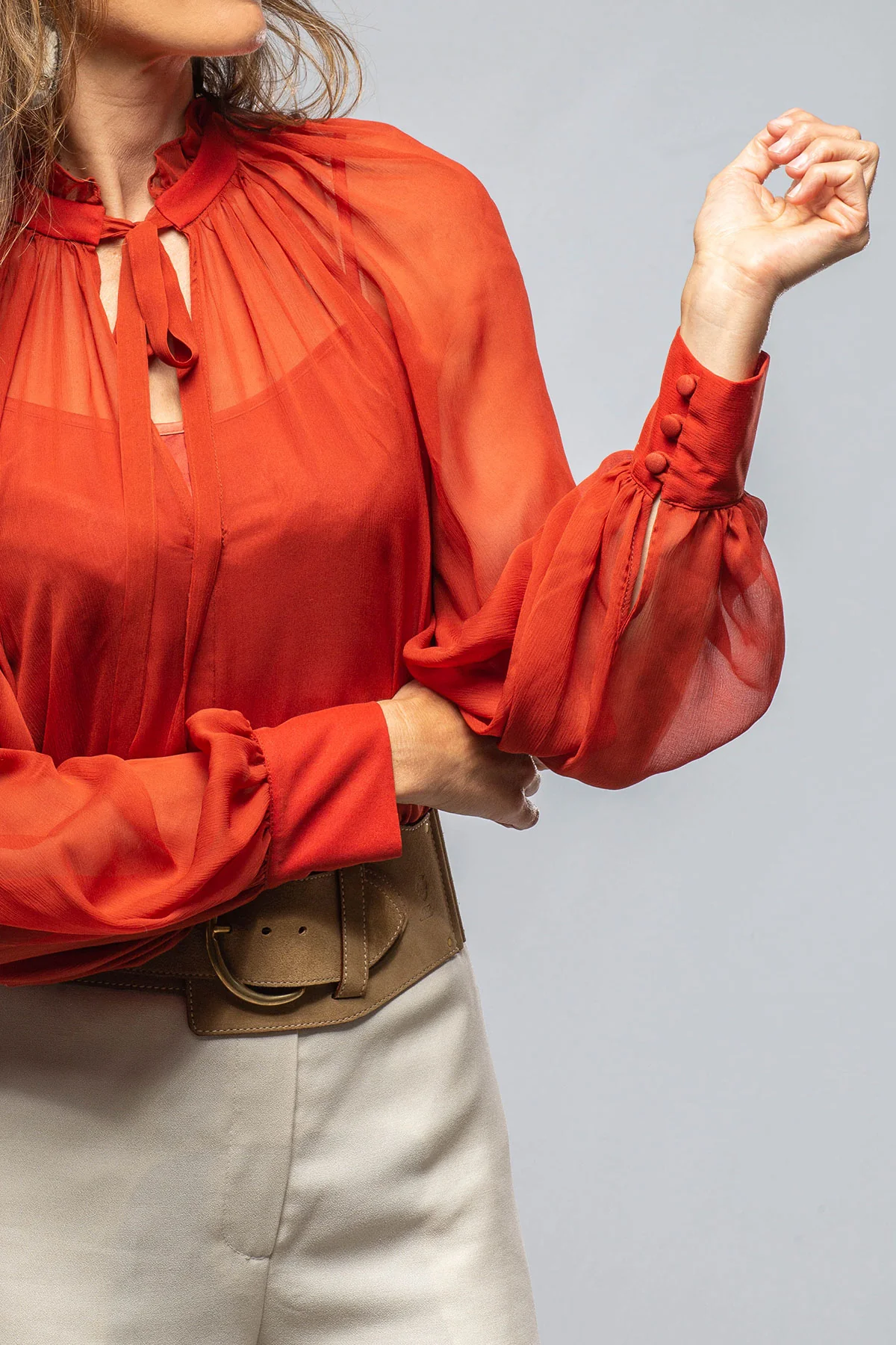 Bishop Sleeve Blouse In Tomato Silk Chiffon - Image 5