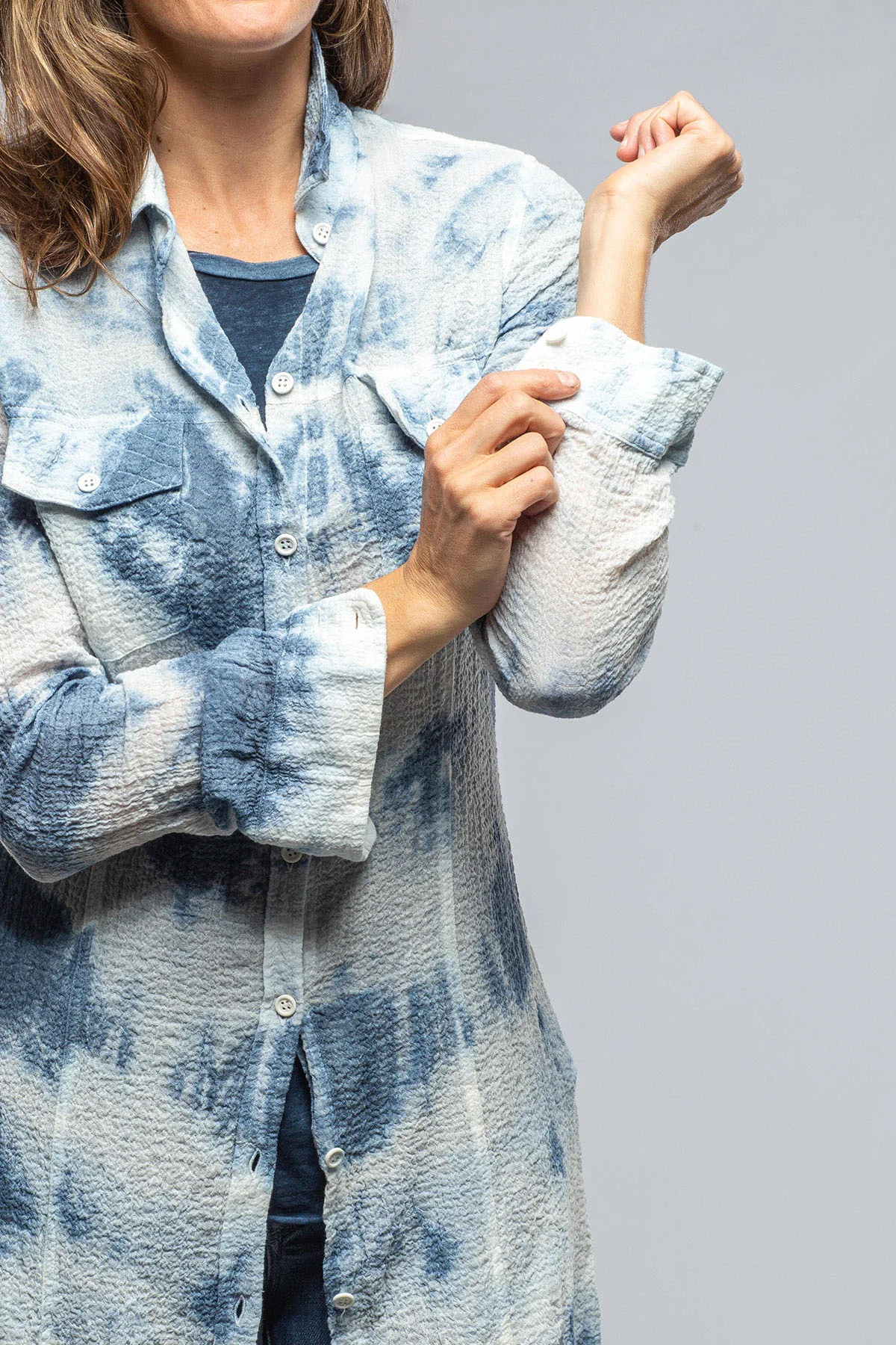 Carol Crepe Cotton Long Shirt In Blue Tie Dye - Image 3