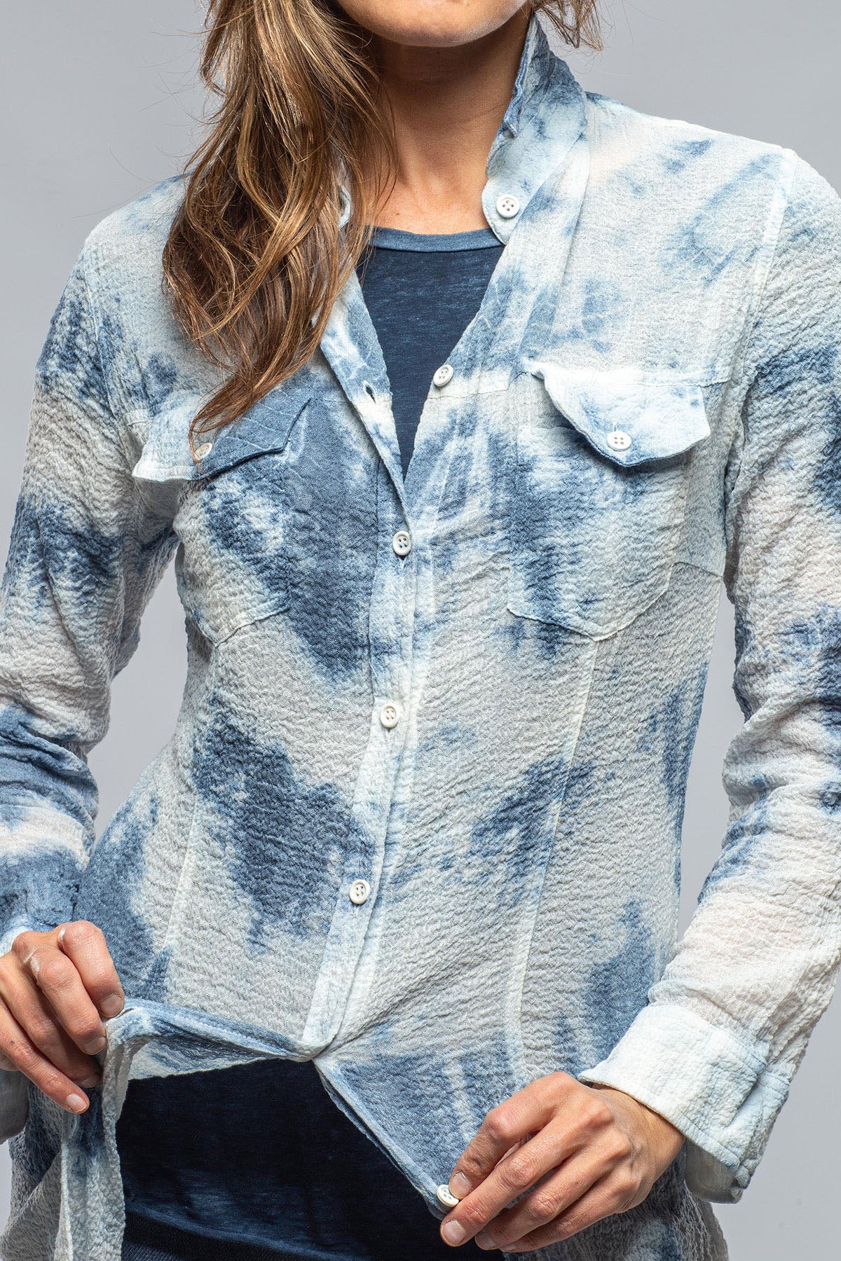 Carol Crepe Cotton Long Shirt In Blue Tie Dye - Image 5
