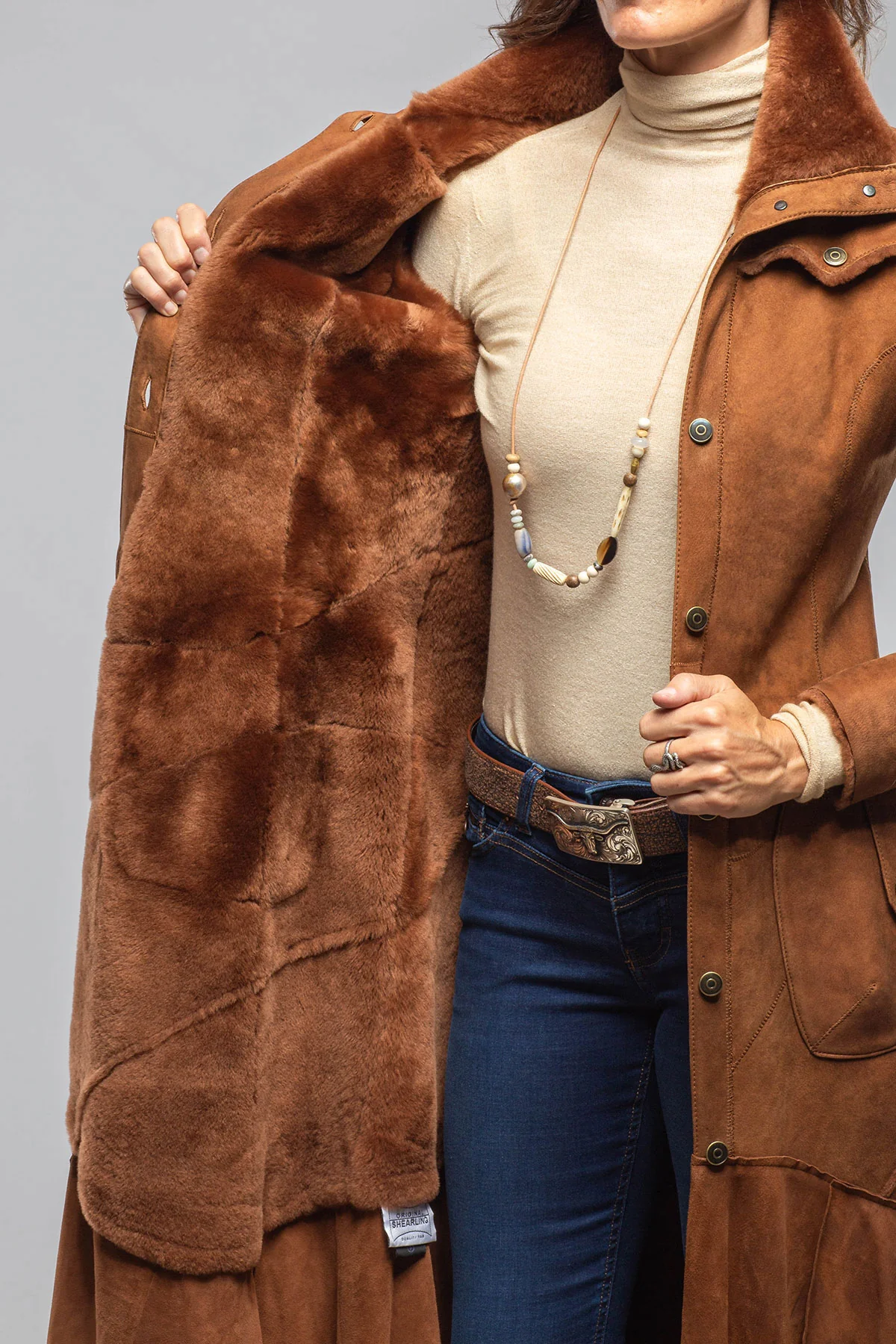 Cori Long Shearling In Cognac - Image 7