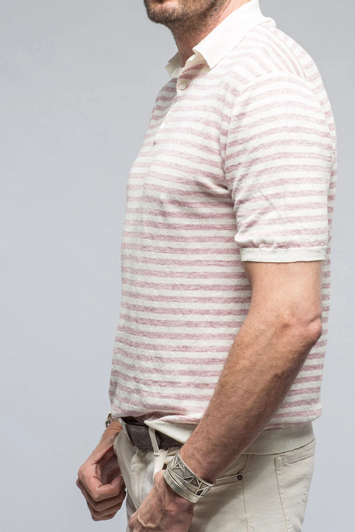 Cosimo Striped Linen Polo in Washed Burgundy - Image 3