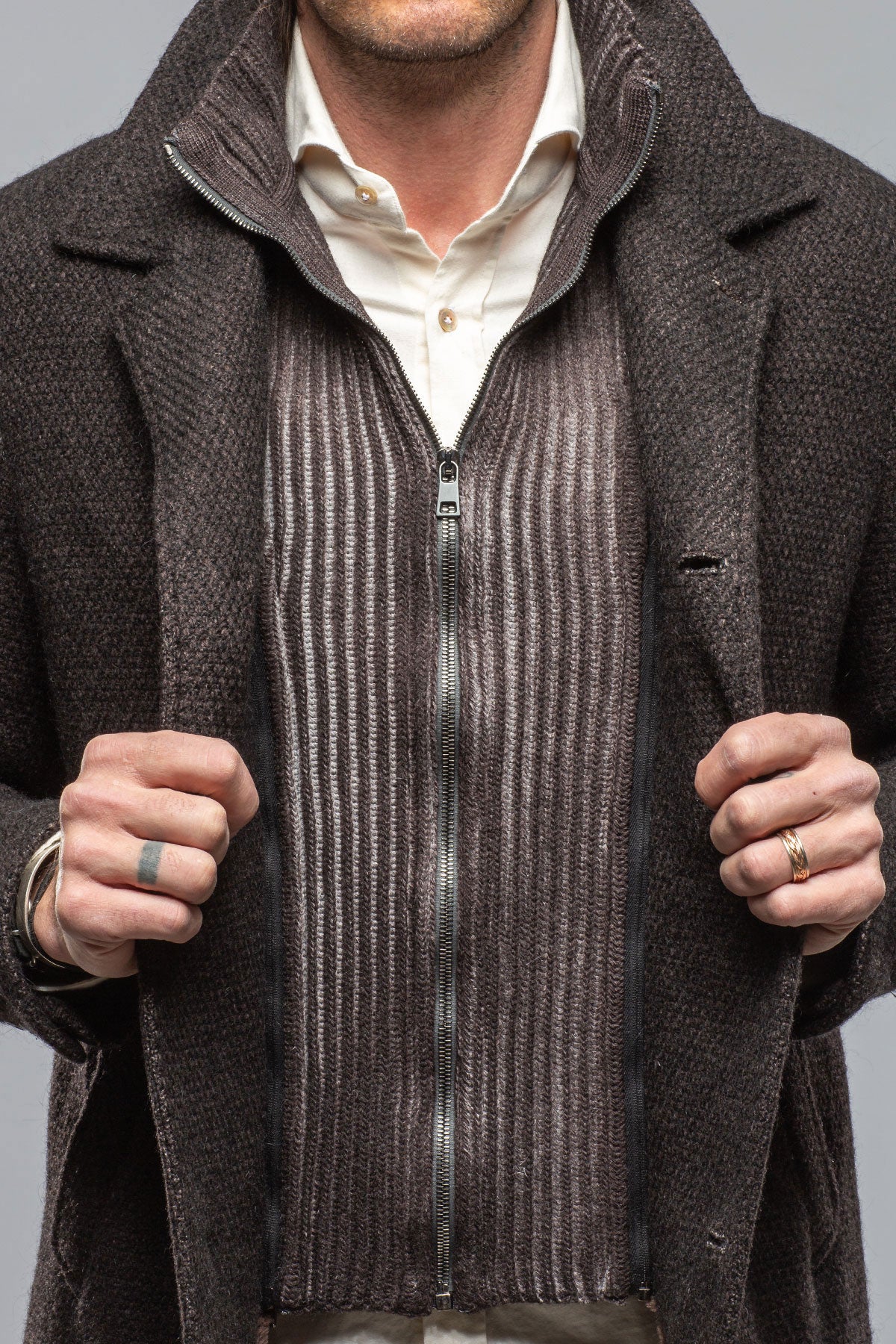 Juneau 3/4 Knit Coat In Charcoal Brown - Image 4