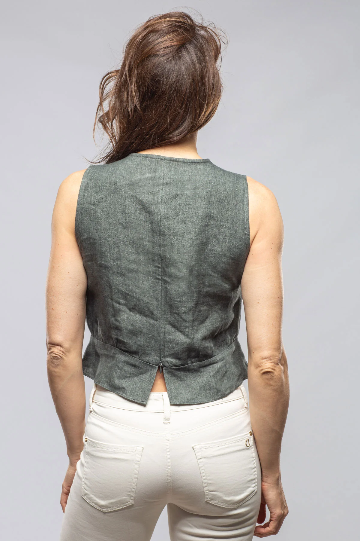 Laia Sleeveless V-Neck Linen Top In Dark Teal - Image 3