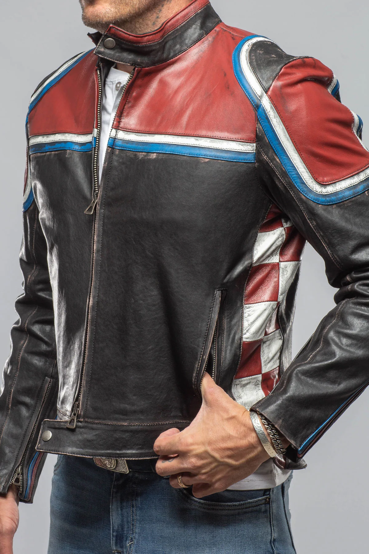 Retro Biker Jacket In Burgundy, White - Image 3