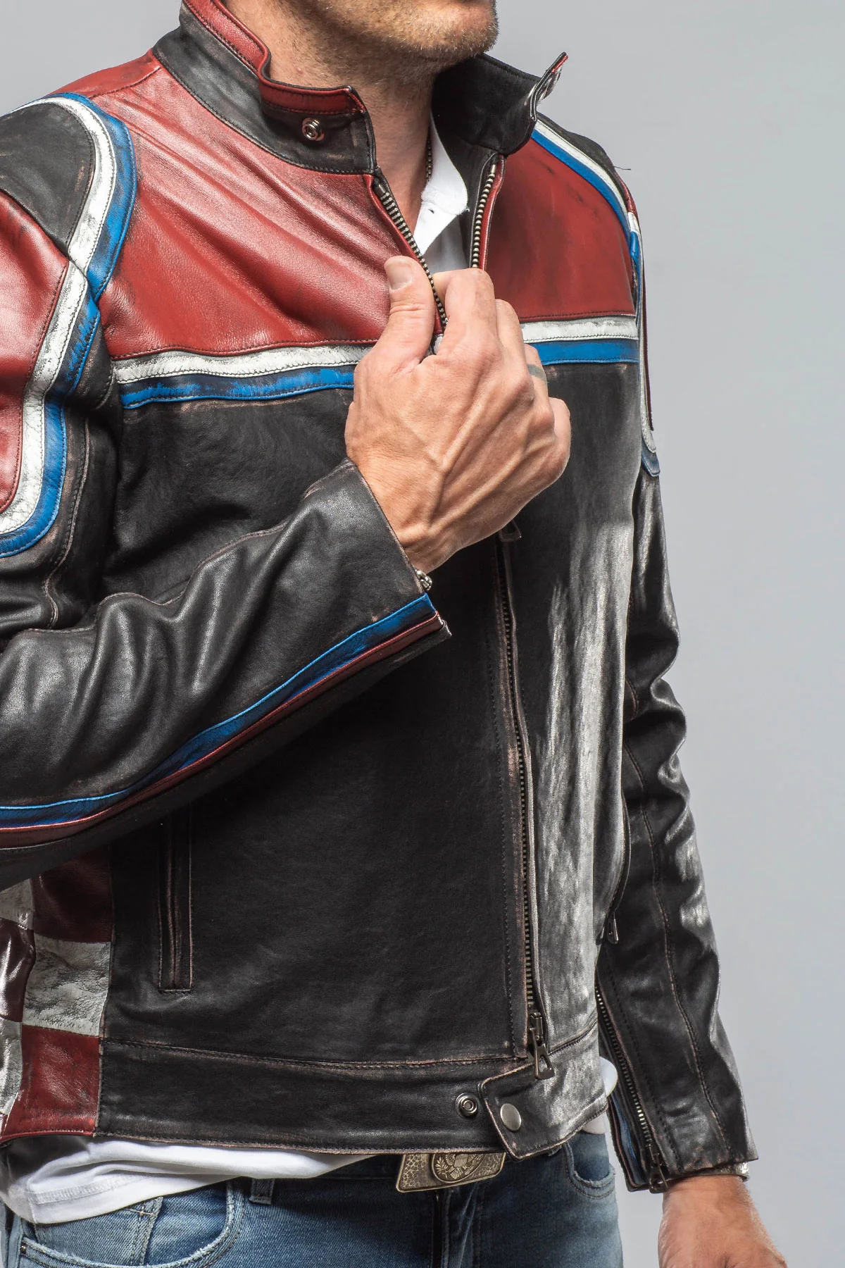 Retro Biker Jacket In Burgundy, White - Image 4