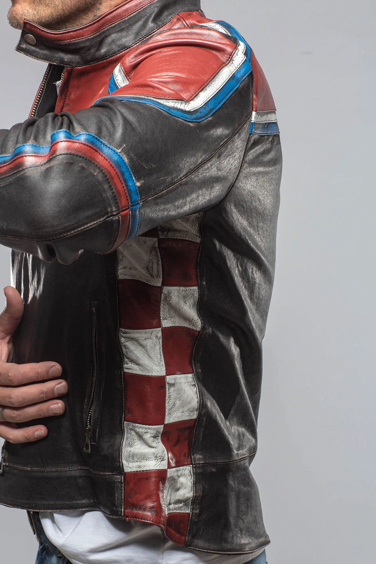 Retro Biker Jacket In Burgundy, White - Image 6