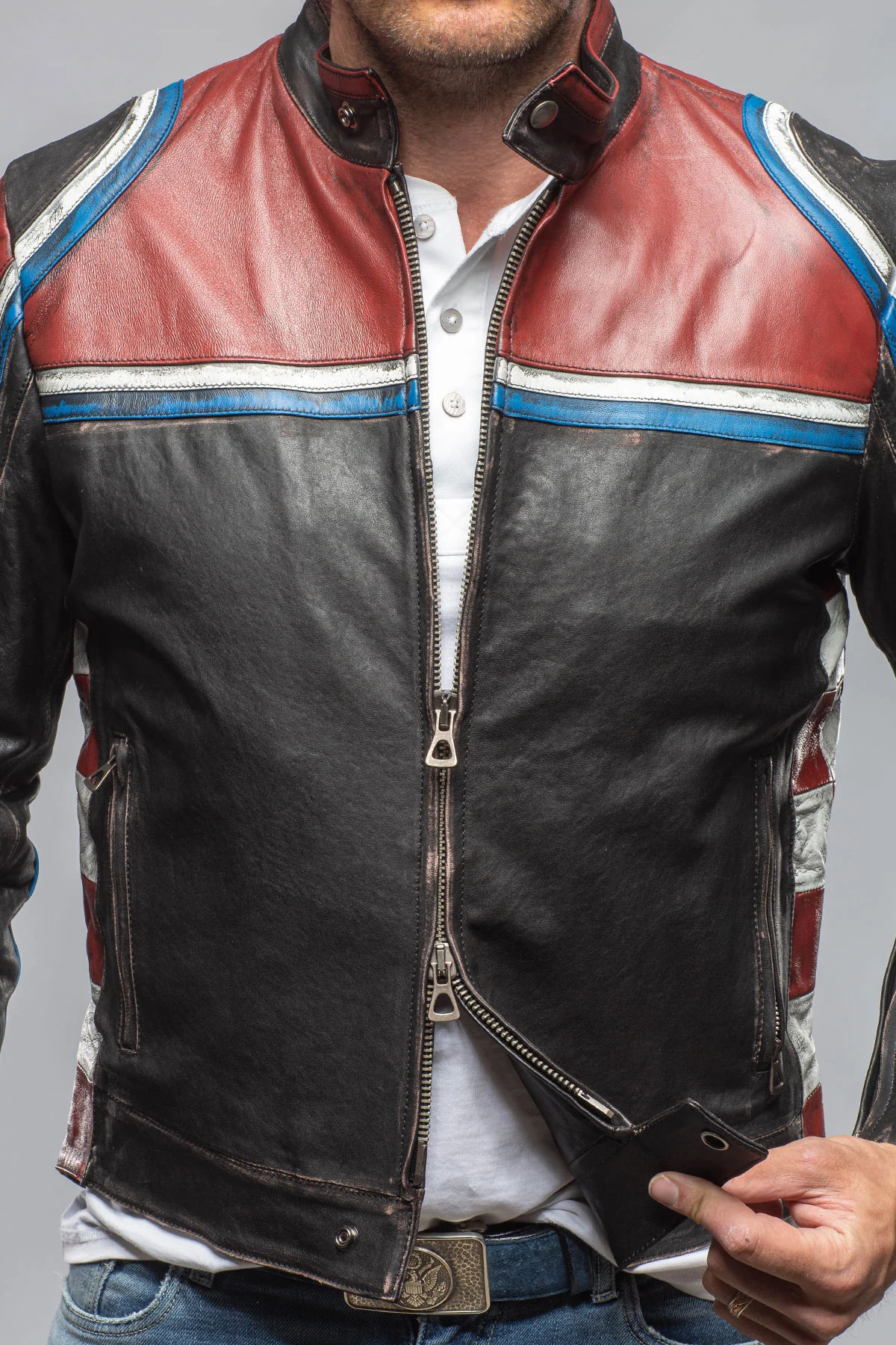 Retro Biker Jacket In Burgundy, White - Image 7