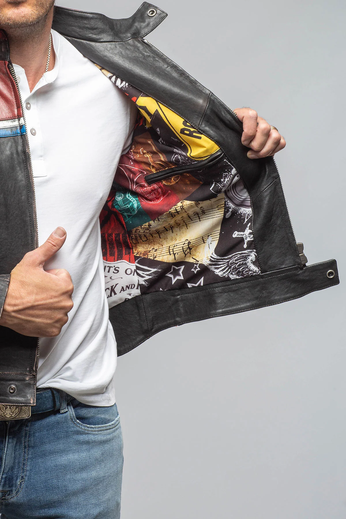Retro Biker Jacket In Burgundy, White - Image 8