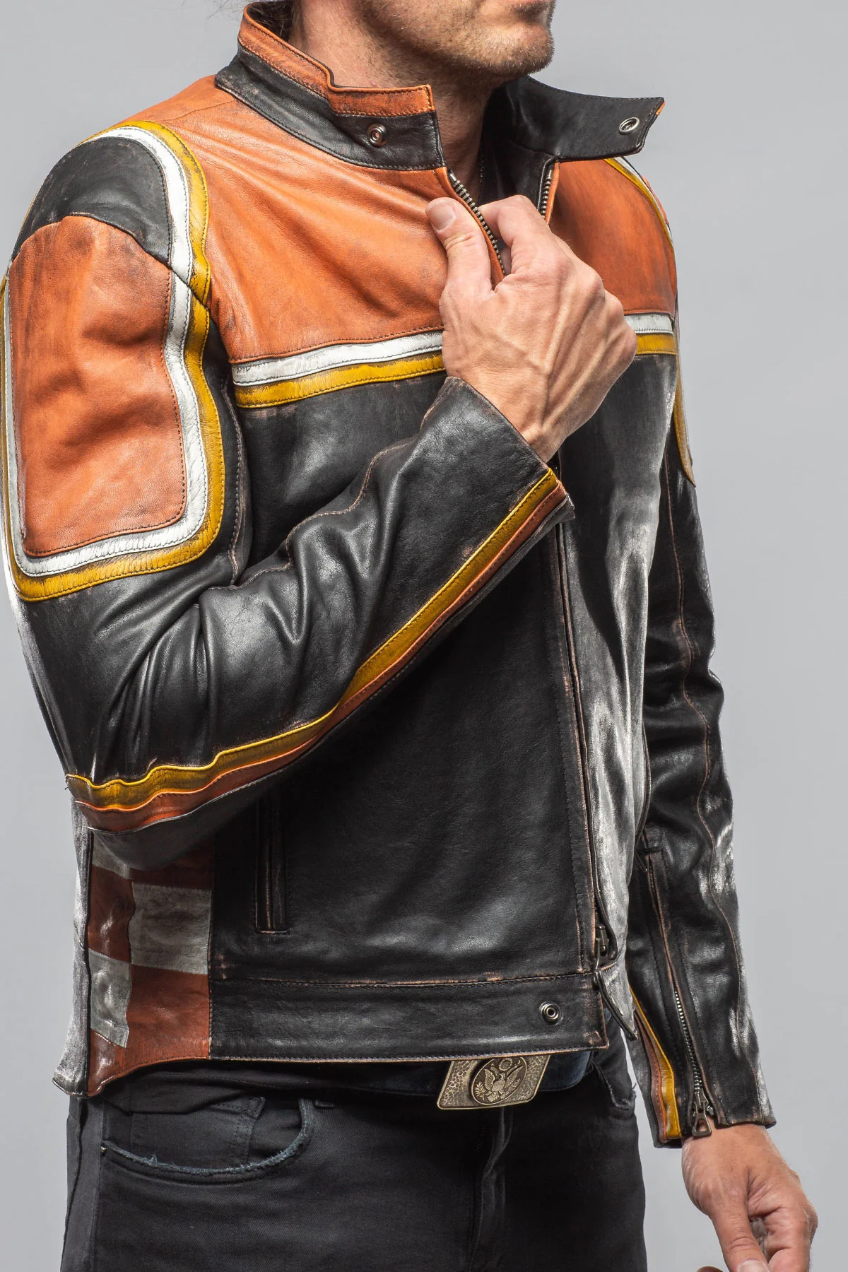 Retro Biker Jacket In Yellow, White - Image 4